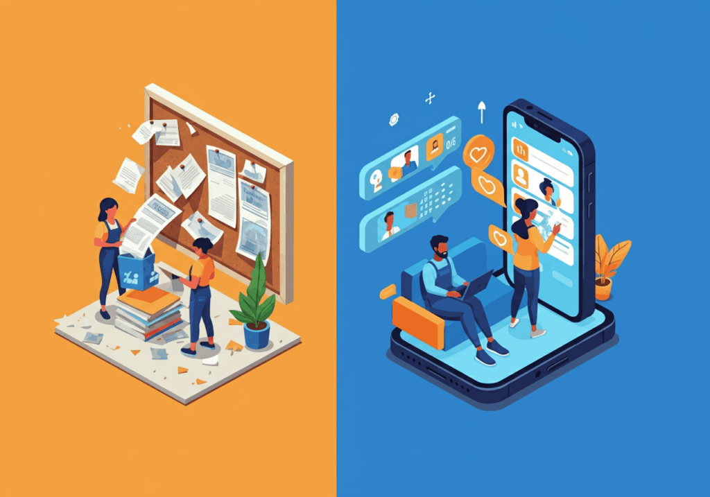 Comparison of traditional local services using paper ads and directories versus modern gig apps where people hire cleaners, movers, and dog walkers instantly on smartphones.